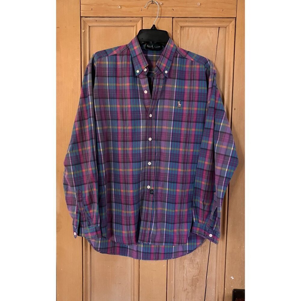 Ralph Lauren Mens Plaid Multicolor Pony Button Up Shirt Sz. Medium Purple SP EXC